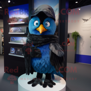 Blue Blackbird mascot costume character dressed with a Coat and Beanies