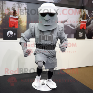 Gray Commando mascot costume character dressed with a Running Shorts and Scarf clips