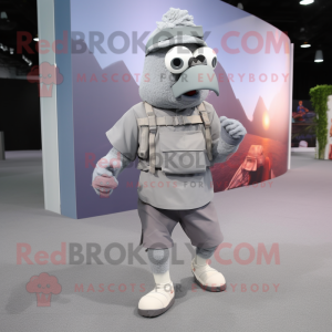 Gray Commando mascot costume character dressed with a Running Shorts and Scarf clips