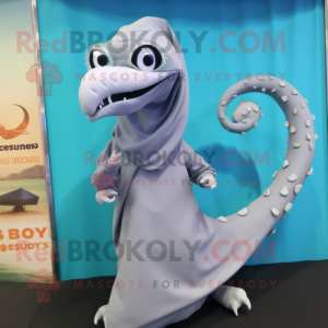 Gray Hydra mascot costume character dressed with a Bikini and Shawl pins