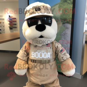 Beige Marine Recon mascot costume character dressed with a Henley Tee and Beanies