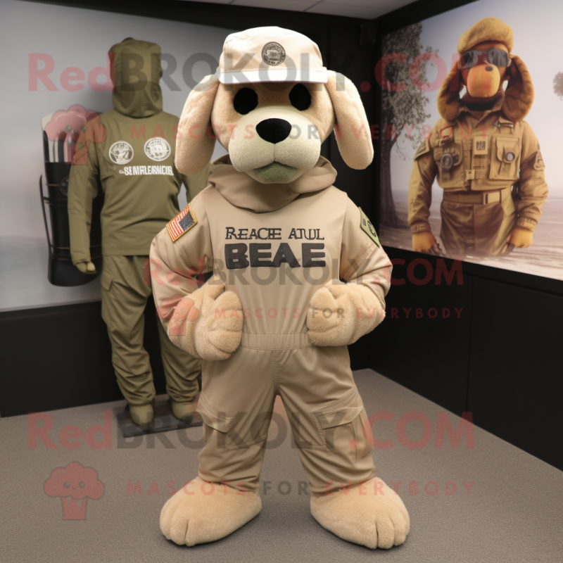 Beige Marine Recon mascot costume character dressed with a Henley Tee and Beanies