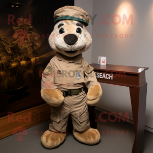 Beige Marine Recon mascot costume character dressed with a Henley Tee and Beanies