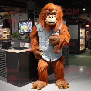 Rust Orangutan mascot costume character dressed with a Henley Tee and Shoe laces