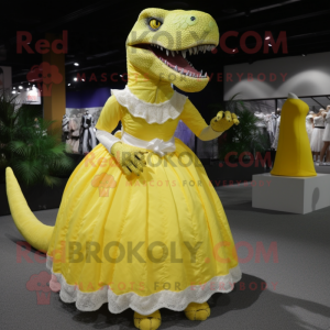 Lemon Yellow T Rex mascot costume character dressed with a Ball Gown and Shoe laces