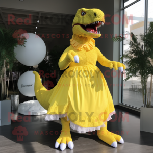 Lemon Yellow T Rex mascot costume character dressed with a Ball Gown and Shoe laces