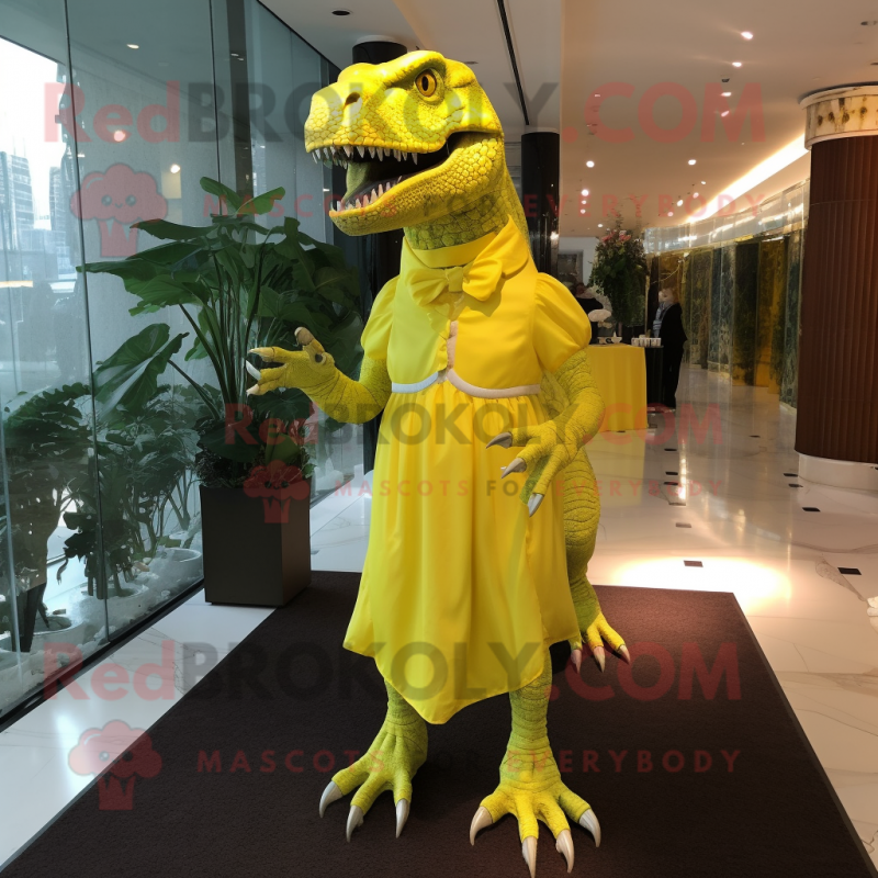 Lemon Yellow T Rex mascot costume character dressed with a Ball Gown and Shoe laces