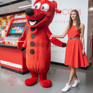 Red Hot Dogs mascot costume character dressed with a Midi Dress and Anklets