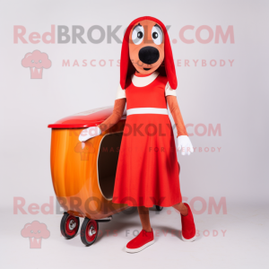 Red Hot Dogs mascot costume character dressed with a Midi Dress and Anklets