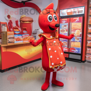 Red Hot Dogs mascot costume character dressed with a Midi Dress and Anklets