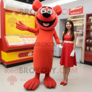 Red Hot Dogs mascot costume character dressed with a Midi Dress and Anklets