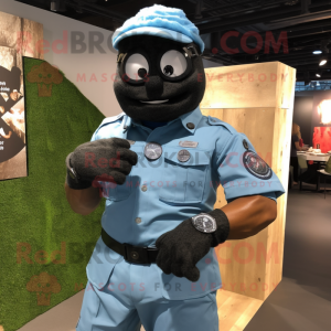 Black Commando mascot costume character dressed with a Chambray Shirt and Bracelet watches