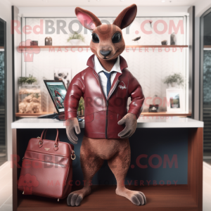 Maroon Kangaroo mascot costume character dressed with a Jacket and Briefcases