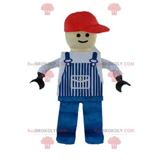 Lego-mascotte gekleed in blauwe overall - Redbrokoly.com