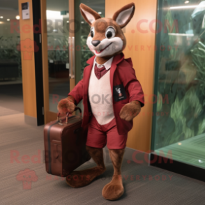 Maroon Kangaroo mascot costume character dressed with a Jacket and Briefcases