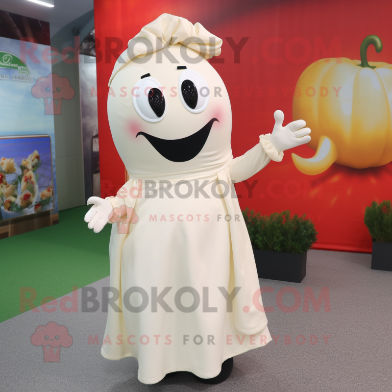 Cream Pepper mascot costume character dressed with a A-Line Skirt and Hairpins