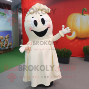Cream Pepper mascot costume character dressed with a A-Line Skirt and Hairpins