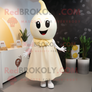 Cream Pepper mascot costume character dressed with a A-Line Skirt and Hairpins