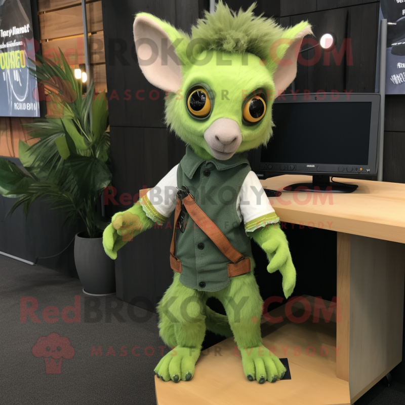 Lime Green Aye-Aye mascot costume character dressed with a Overalls and Tie pins