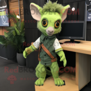 Lime Green Aye-Aye mascot costume character dressed with a Overalls and Tie pins