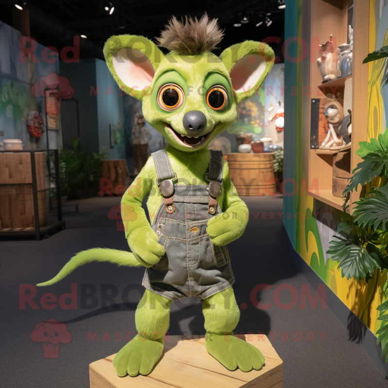 Lime Green Aye-Aye mascot costume character dressed with a Overalls and Tie pins