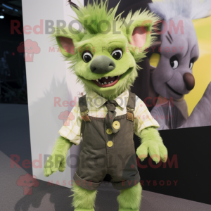 Lime Green Aye-Aye mascot costume character dressed with a Overalls and Tie pins