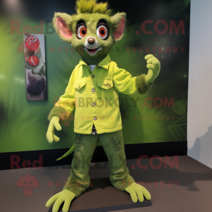 Lime Green Aye-Aye mascot costume character dressed with a Overalls and Tie pins