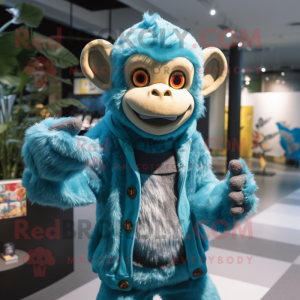 Cyan Monkey mascot costume character dressed with a Cardigan and Bracelets