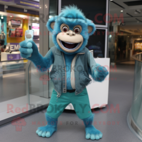 Cyan Monkey mascot costume character dressed with a Cardigan and Bracelets