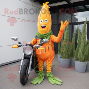 Orange Asparagus mascot costume character dressed with a Biker Jacket and Hairpins