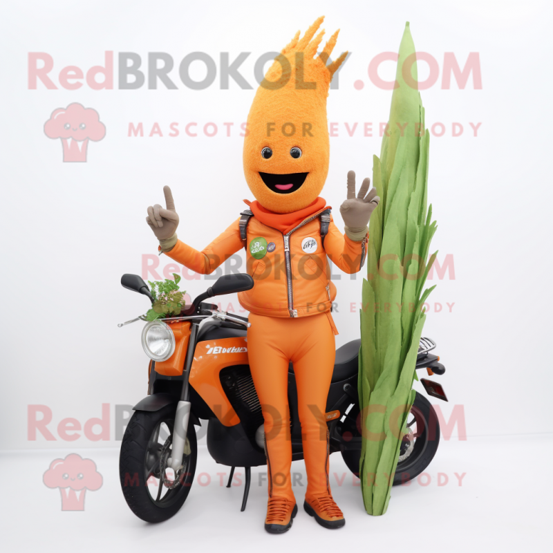 Orange Asparagus mascot costume character dressed with a Biker Jacket and Hairpins Orange Asparagus mascot costume character dressed with a Biker Jacket and Hairpins
