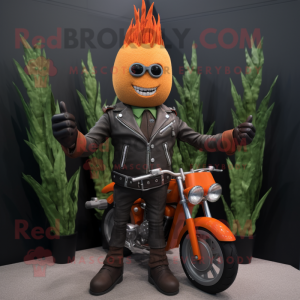 Orange Asparagus mascot costume character dressed with a Biker Jacket and Hairpins