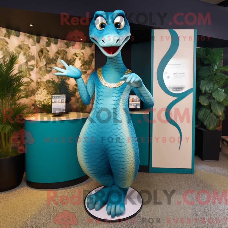Cyan python maskotdräkt klädd i klänning och manschettknappar - Python Mascots - REBROKO_340095 - RedBrokoly.com