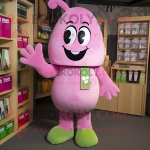 Pink Zucchini mascot costume character dressed with a Dungarees and Mittens