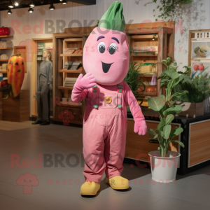 Pink Zucchini mascot costume character dressed with a Dungarees and Mittens