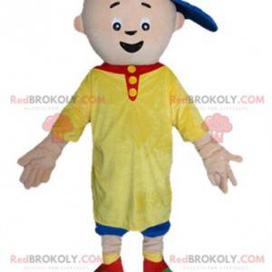 Kleine jongen mascotte in gele en blauwe outfit - Redbrokoly.com