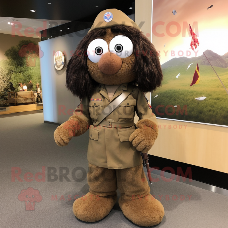 Brown American Soldier mascot costume character dressed with a Mini Skirt and Shawls Brown American Soldier mascot costume character dressed with a Mini Skirt and Shawls