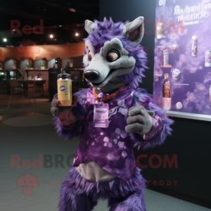 Purple Hyena mascot costume character dressed with a Cocktail Dress and Messenger bags