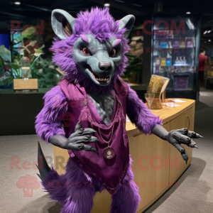 Purple Hyena mascot costume character dressed with a Cocktail Dress and Messenger bags