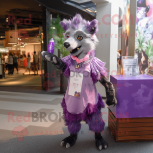 Purple Hyena mascot costume character dressed with a Cocktail Dress and Messenger bags