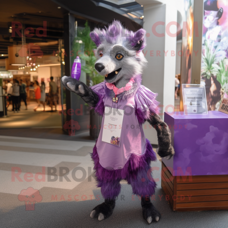 Purple Hyena mascot costume character dressed with a Cocktail Dress and Messenger bags