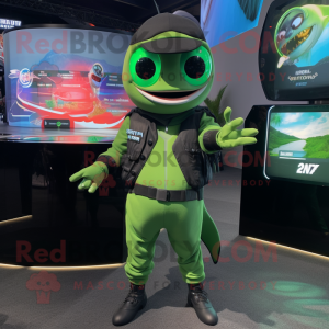 Green Tuna mascot costume character dressed with a Bodysuit and Digital watches