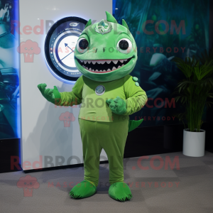 Green Tuna mascot costume character dressed with a Bodysuit and Digital watches