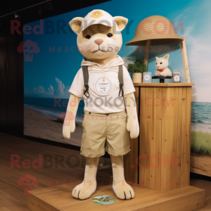 Beige Cat mascot costume character dressed with a Board Shorts and Berets