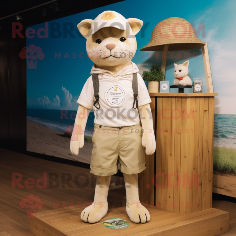 Beige Cat mascot costume character dressed with a Board Shorts and Berets Beige Cat mascot costume character dressed with a Board Shorts and Berets