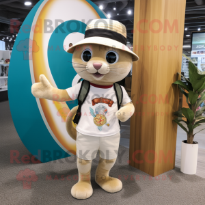 Beige Cat mascot costume character dressed with a Board Shorts and Berets