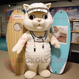 Beige Cat mascot costume character dressed with a Board Shorts and Berets