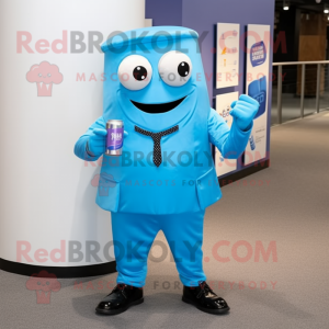 Sky Blue Soda Can mascot costume character dressed with a Suit Pants and Lapel pins