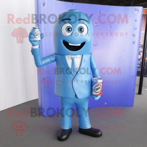 Sky Blue Soda Can mascot costume character dressed with a Suit Pants and Lapel pins