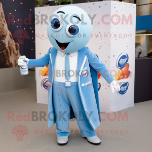 Sky Blue Soda Can mascot costume character dressed with a Suit Pants and Lapel pins